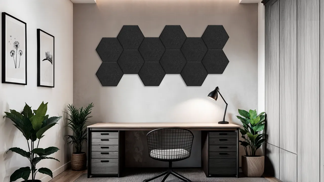 Despacho con un mural de doce paneles acústicos hexagonales negros Nouiz sobre el escritorio